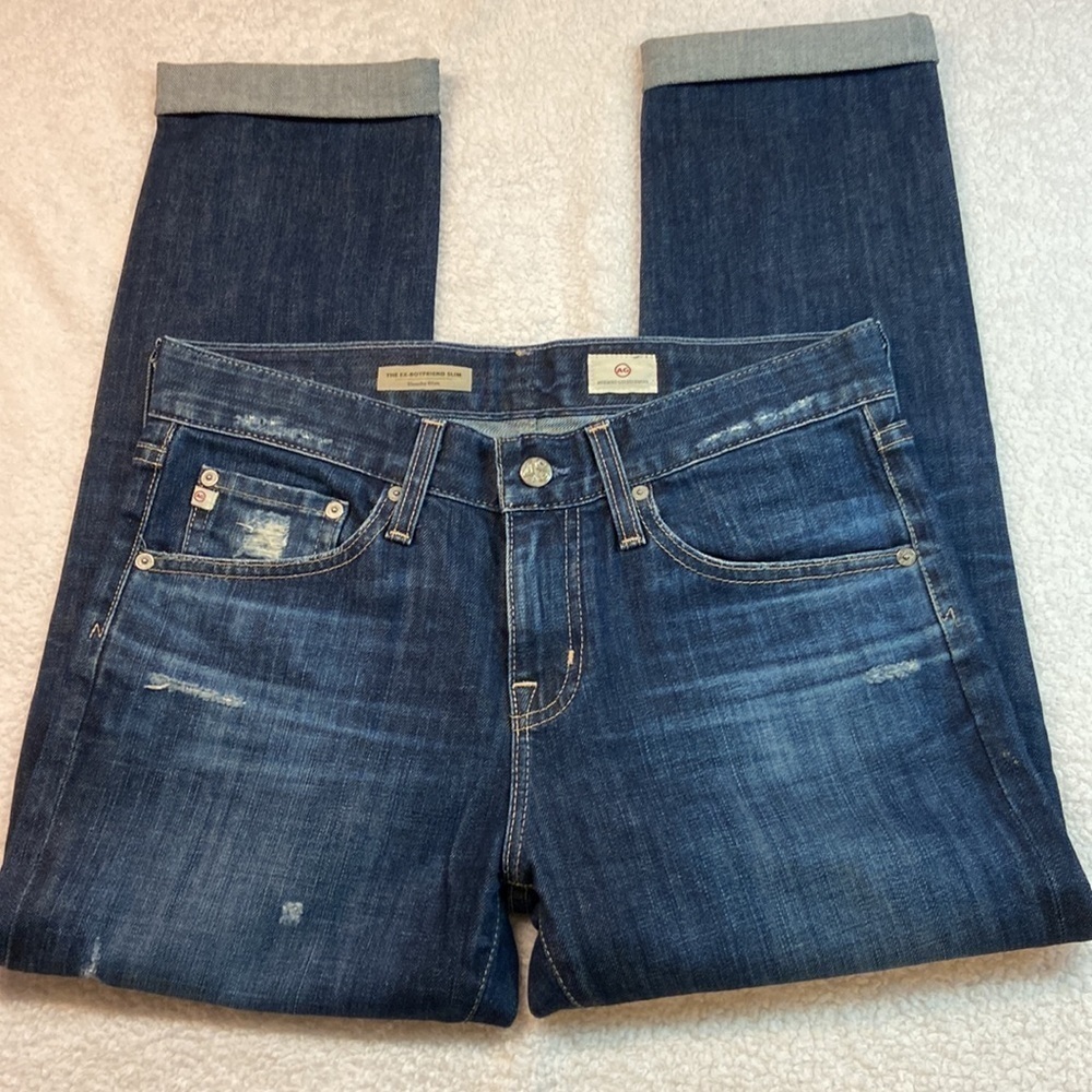 AG Adriano Goldschmied Ex-Boyfriend Slim Slouchy Distressed Darkwash Cropped NEW